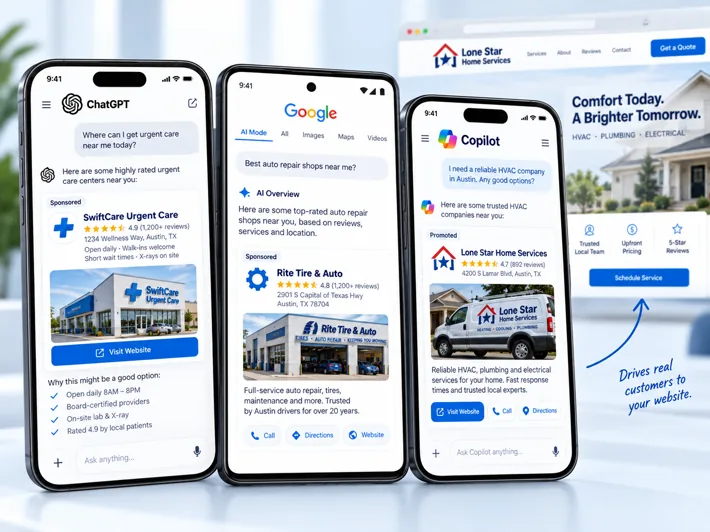 Examples of sponsored local business ads displayed in ChatGPT, Google AI Search, and Microsoft Copilot.