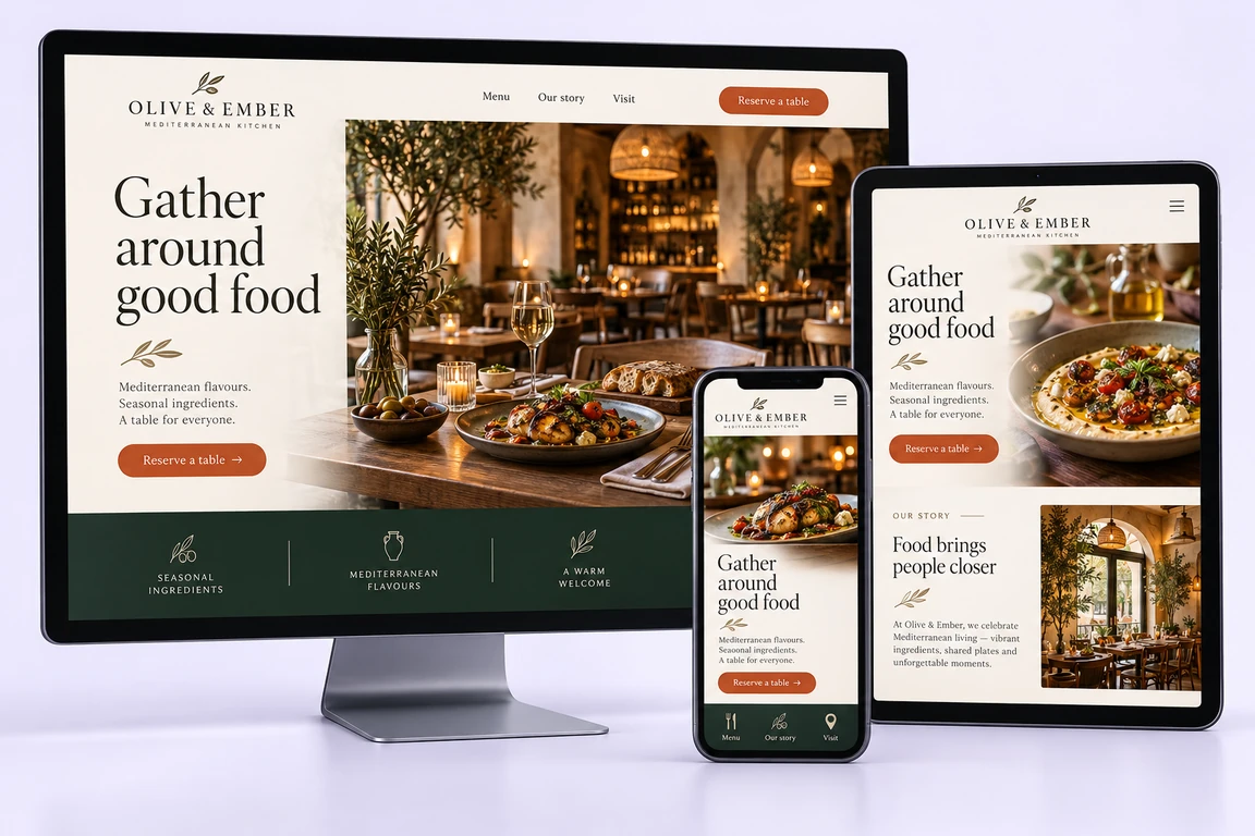 Restaurant website shown on a desktop, tablet, and phone