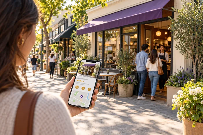 Customer arriving at a café door after finding it on a map on her phone