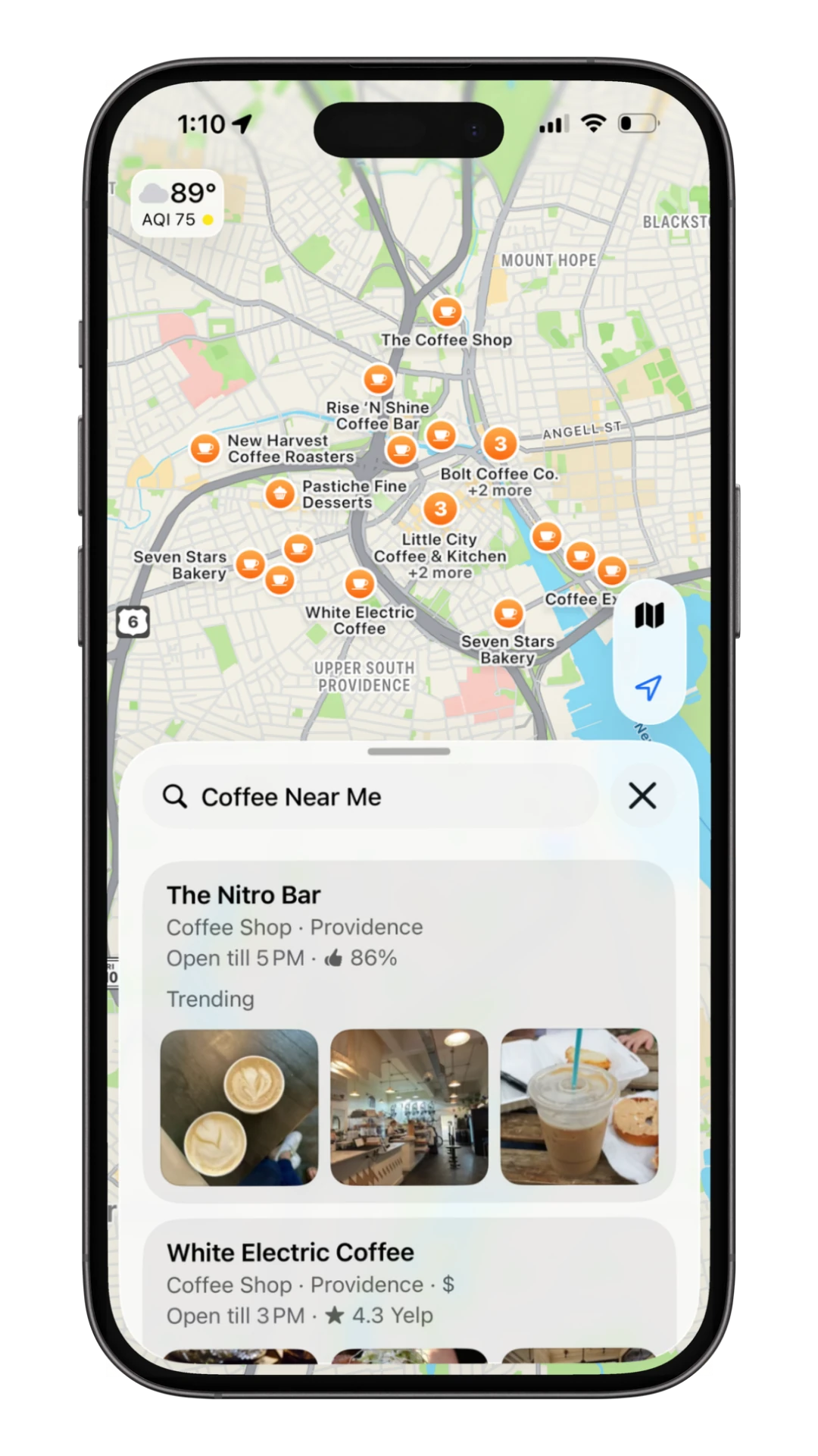 Map with nearby business location pins