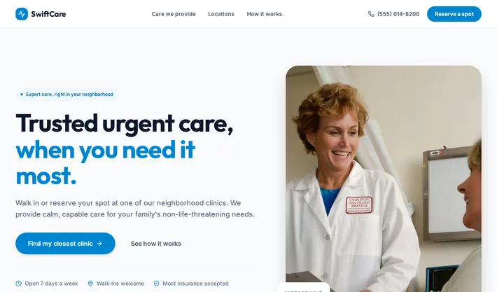 Screenshot of the SwiftCare Urgent Care website with its headline, find-a-clinic button, and phone number