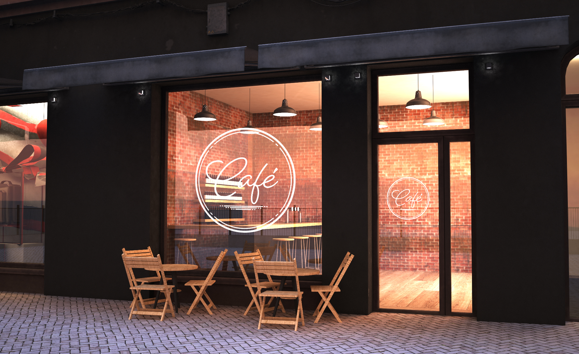 Modern cafe storefront at dusk with warm interior lighting and outdoor seating