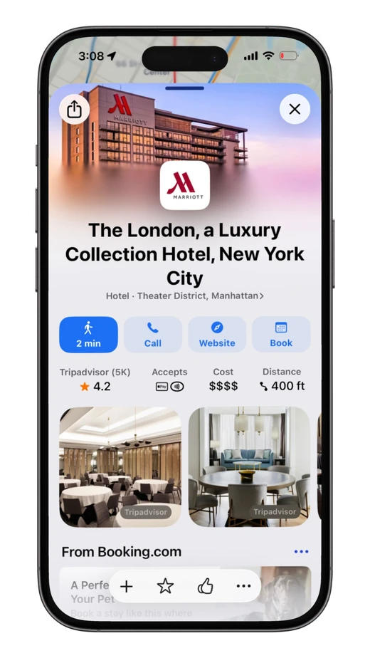 Apple Maps place card for The London hotel showing photos, rating, and booking options