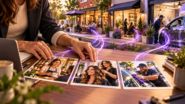 Marketing creative for a café, salon, and car wash connected to neighborhood businesses by purple light trails.