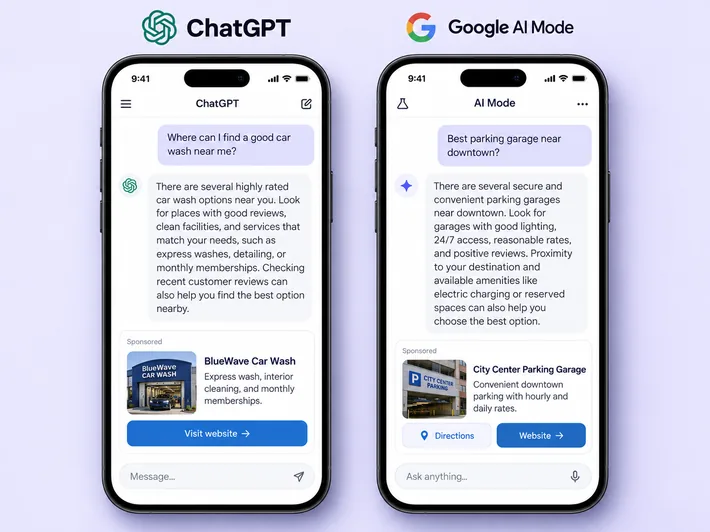 Illustrative mockups of sponsored ads shown inside ChatGPT and Google AI Mode conversations. Each ad sits below the AI answer, is labelled Sponsored, and links to the business.