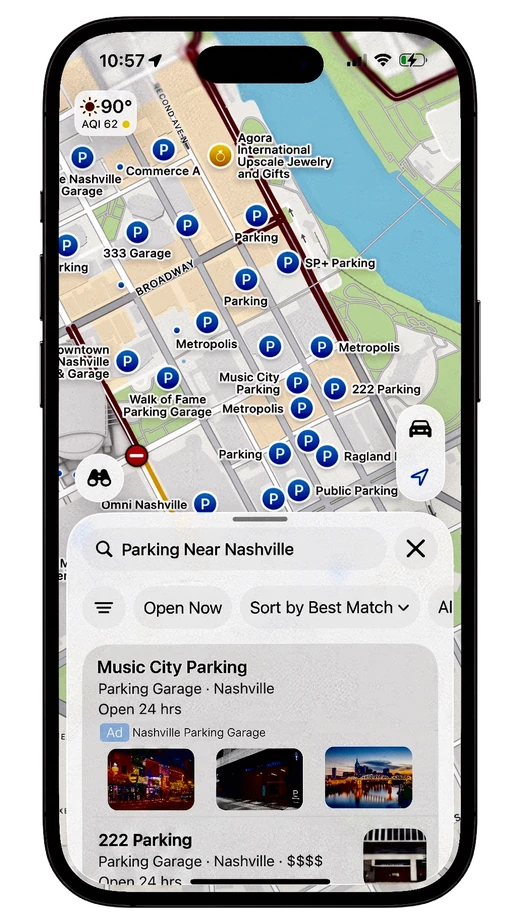 Apple Maps parking search showing Music City Parking with photos, hours, and directions