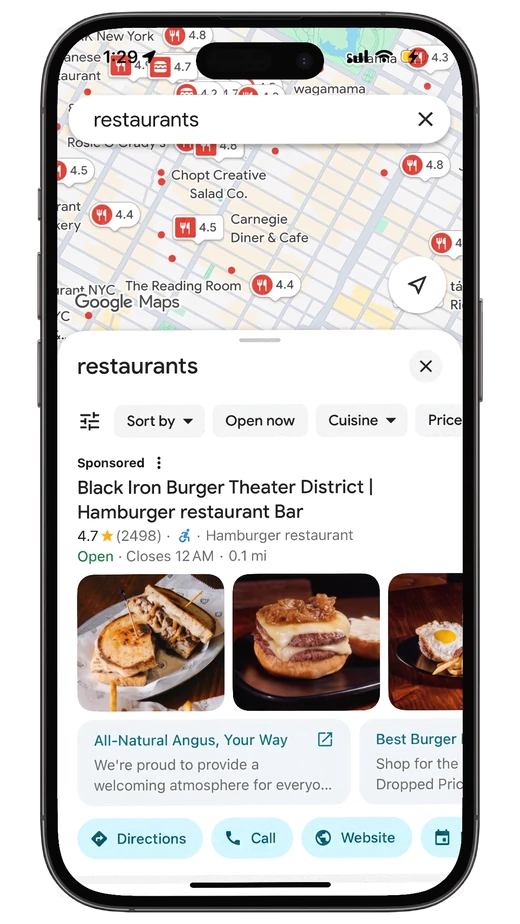 Google Maps restaurant search showing a sponsored Black Iron Burger listing with photos and hours