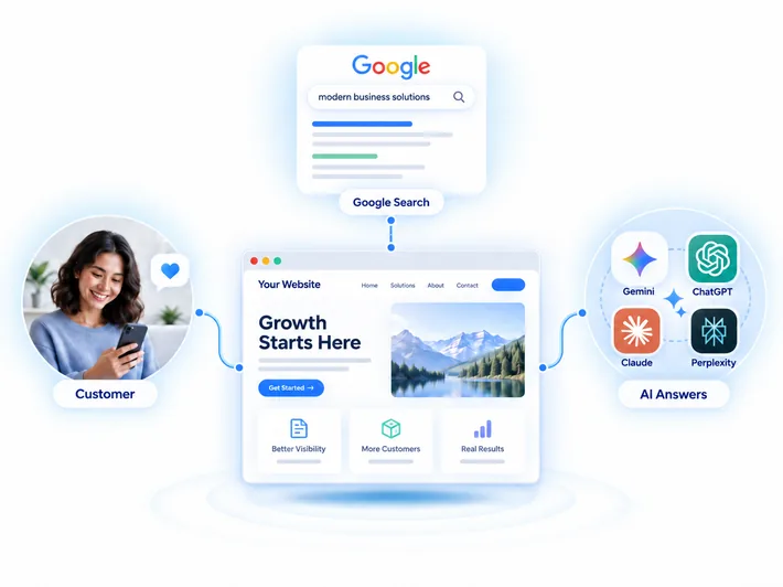 Illustration of customers, search engines, and AI assistants accessing business website information