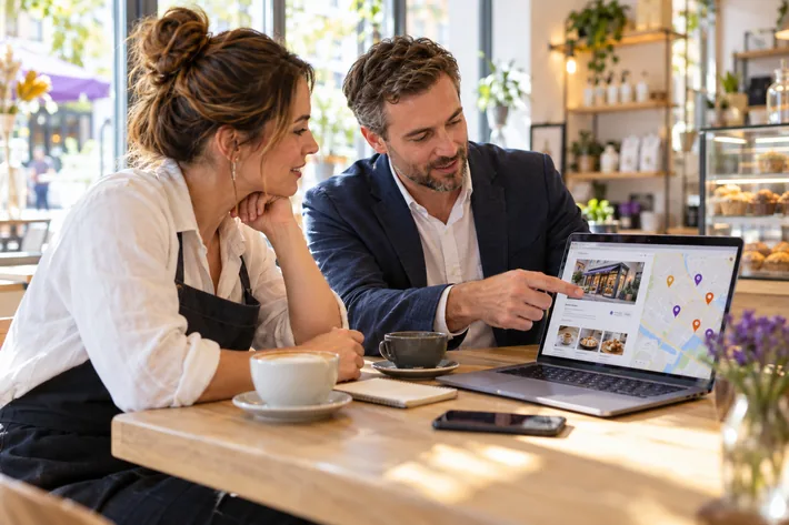 Business owner and consultant reviewing a Maps listing on a laptop in a café