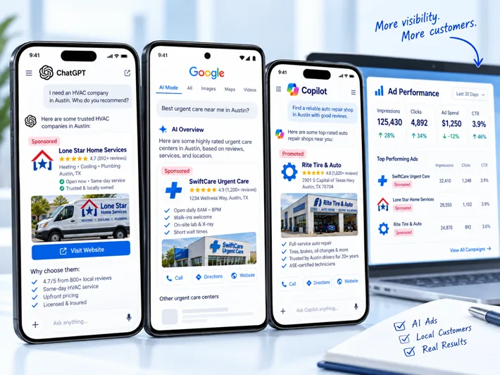 Sponsored AI advertising examples alongside a dashboard showing campaign impressions, clicks, spending, and performance.